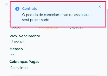 Mensagem de cancelamento da assinatura concluído