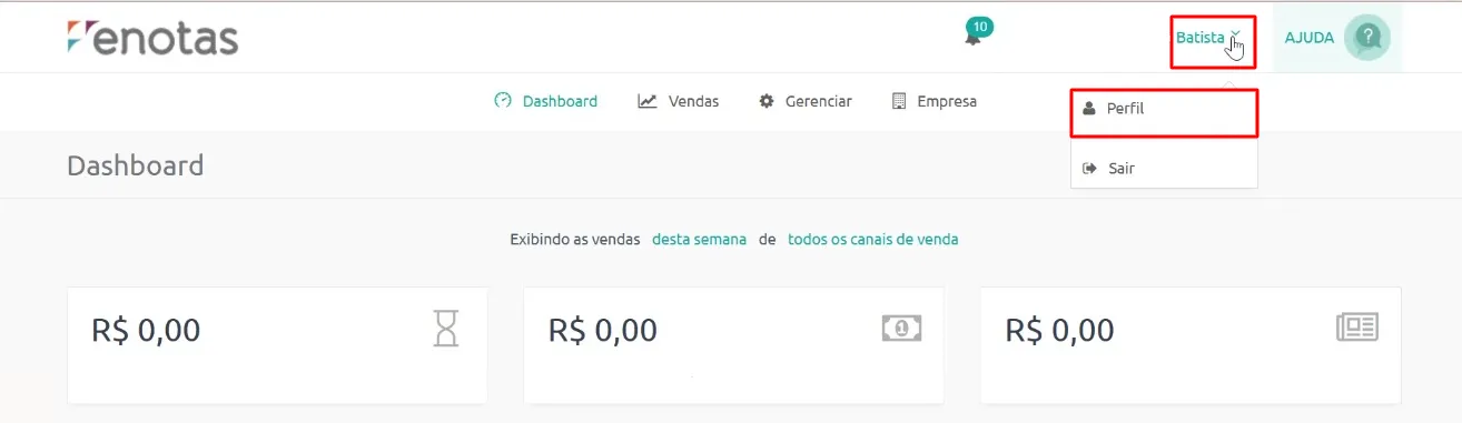Menu Perfil do E-Notas