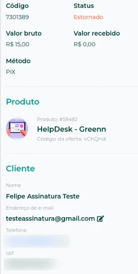 Painel com os detalhes da venda
