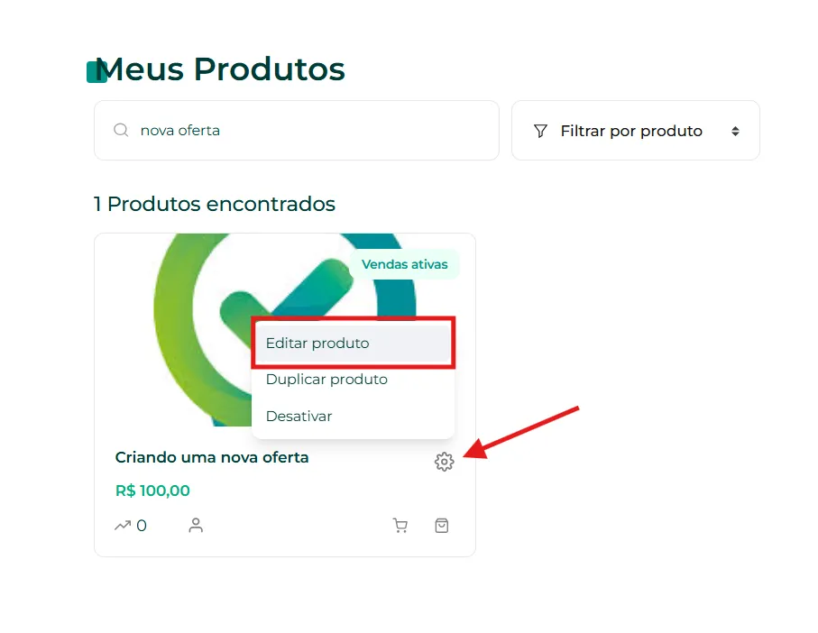 Produto na lista com a engrenagem de edição destacada