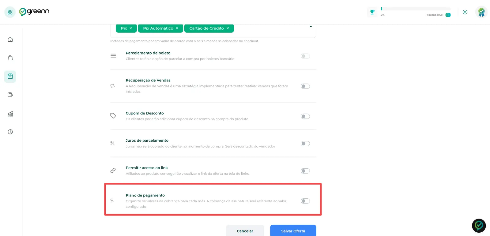 Opção Plano de pagamento