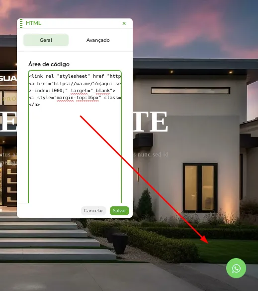 Tela da Greenn Sales: Basta inseri-lo no campo HTML e Salvar