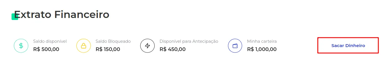 Tela do Extrato com o botão Sacar Dinheiro