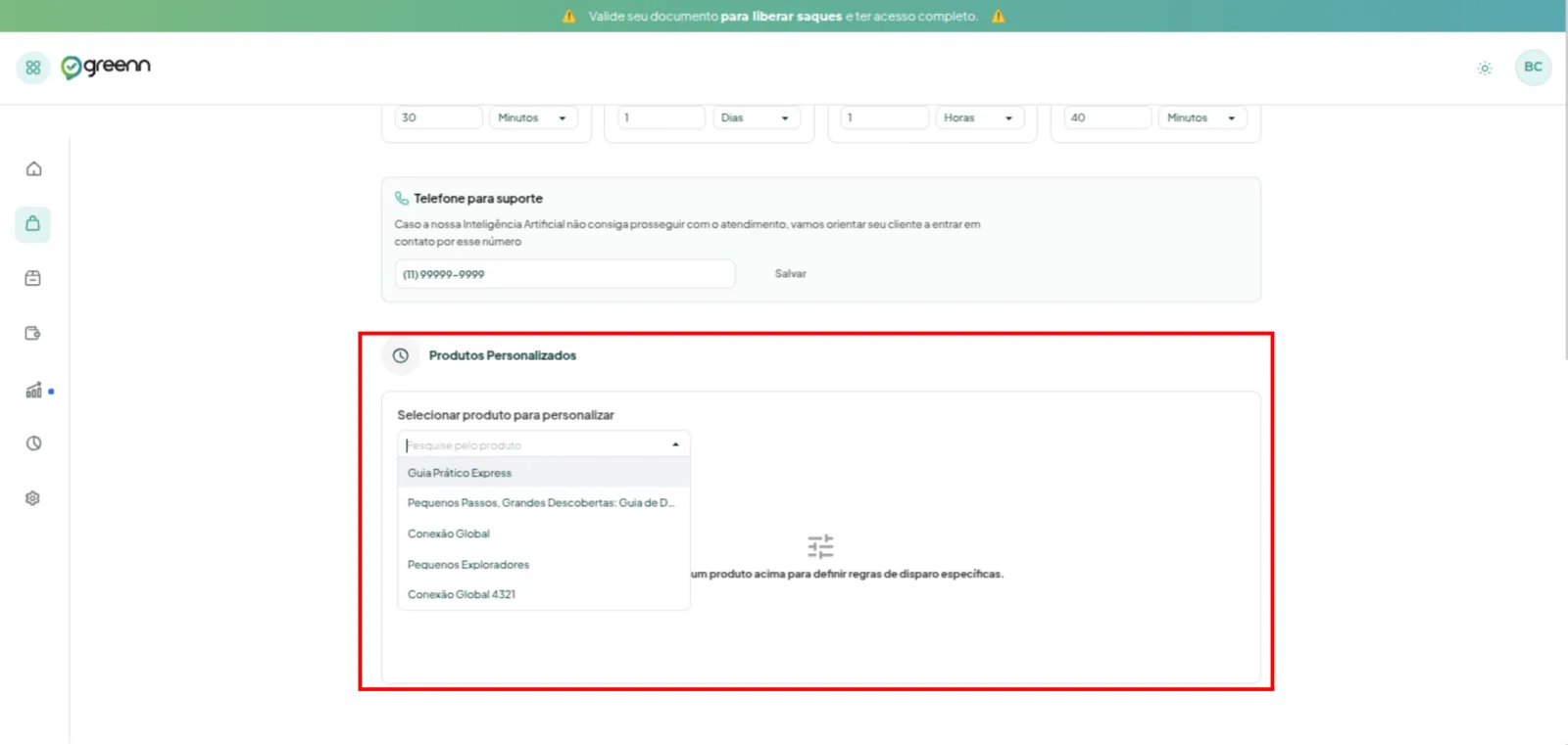 Opção de personalização individual por produto