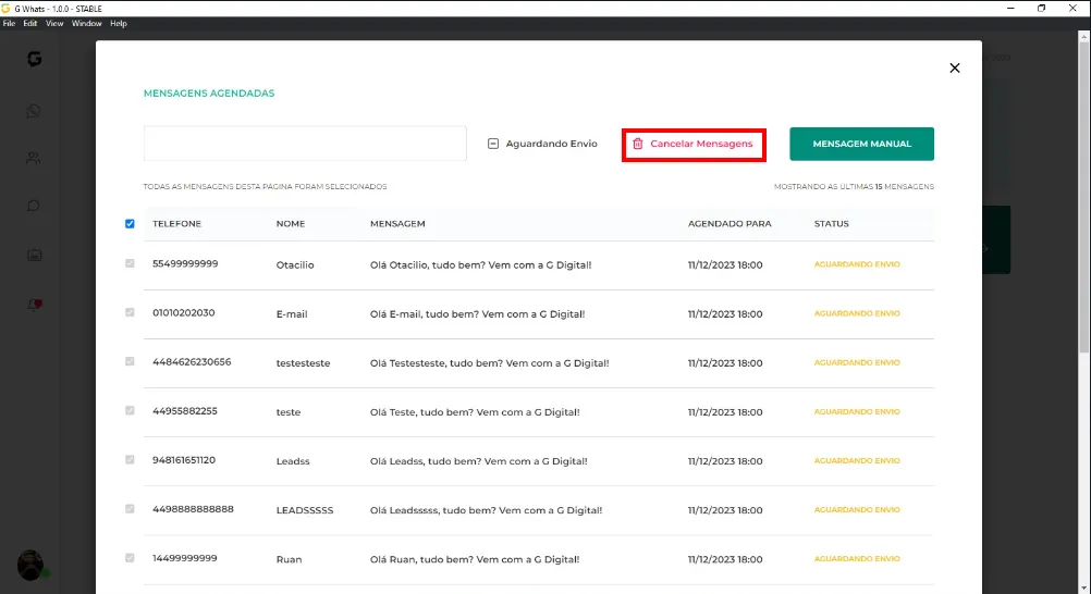 Automações selecionadas com o botão Cancelar