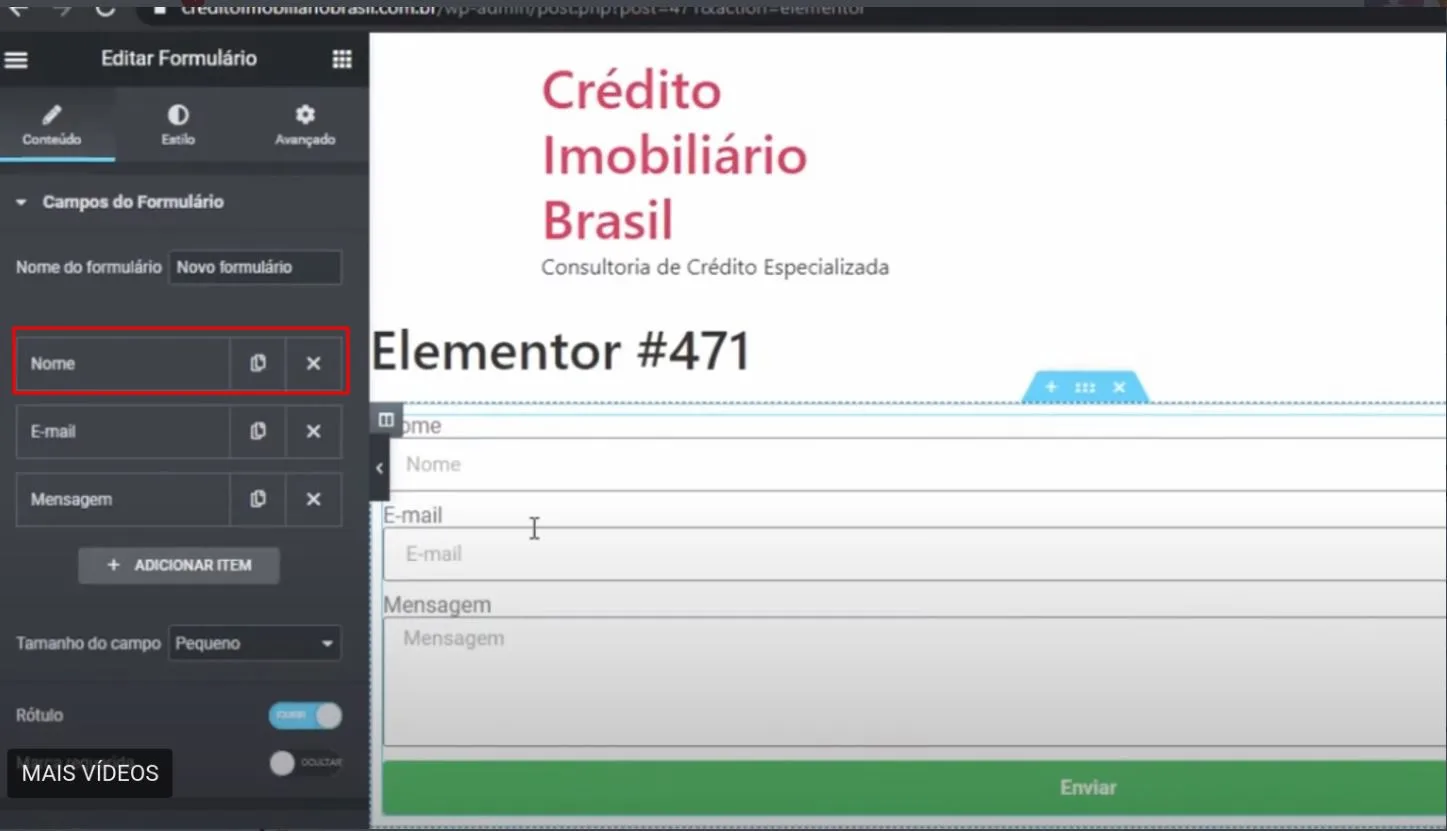 Campo Nome selecionado no formulário do Elementor