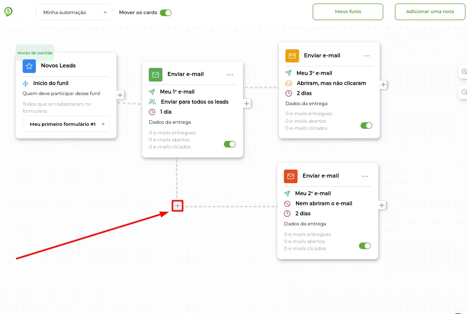 Clique no + para adicionar um e-mail no meio de uma sequência