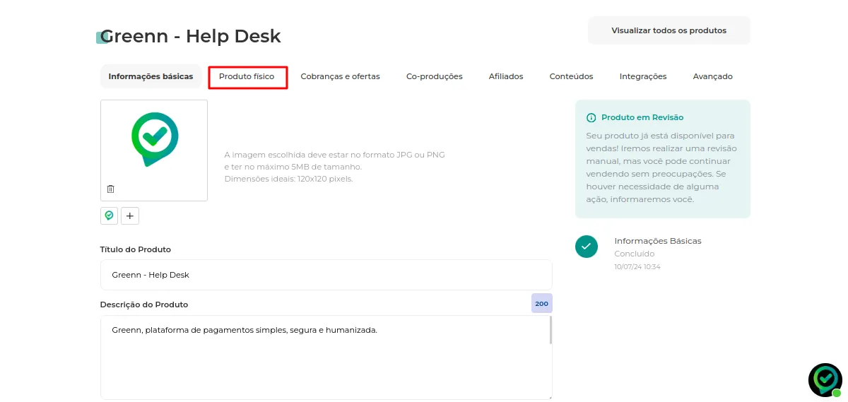 Opção Produto Físico na edição do produto