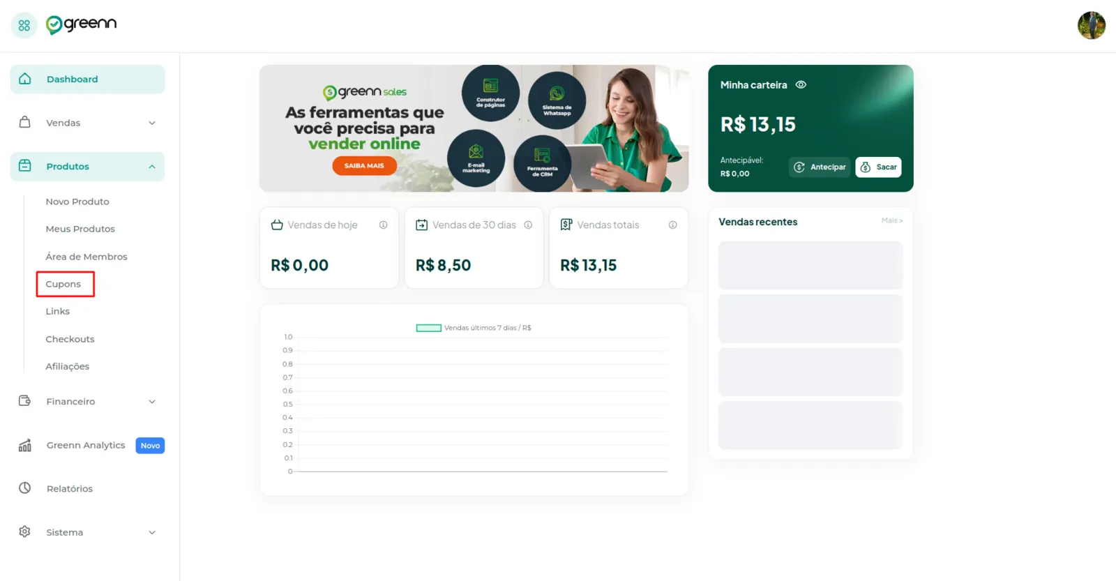 Menu Produtos com a opção Cupom