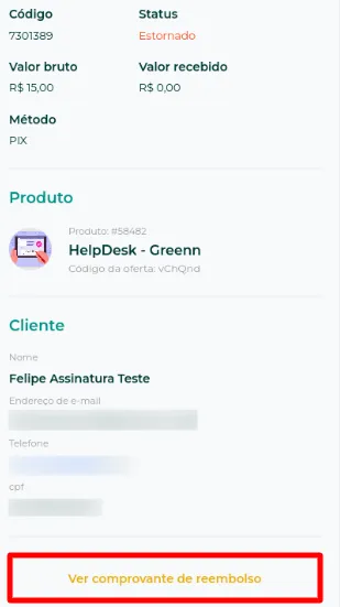 Detalhes da venda com a opção Ver comprovante de reembolso