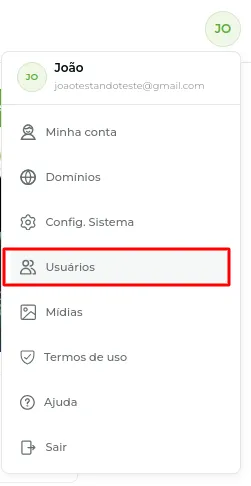 Tela do passo: Clique no menu Direito e logo após vá em Usuários