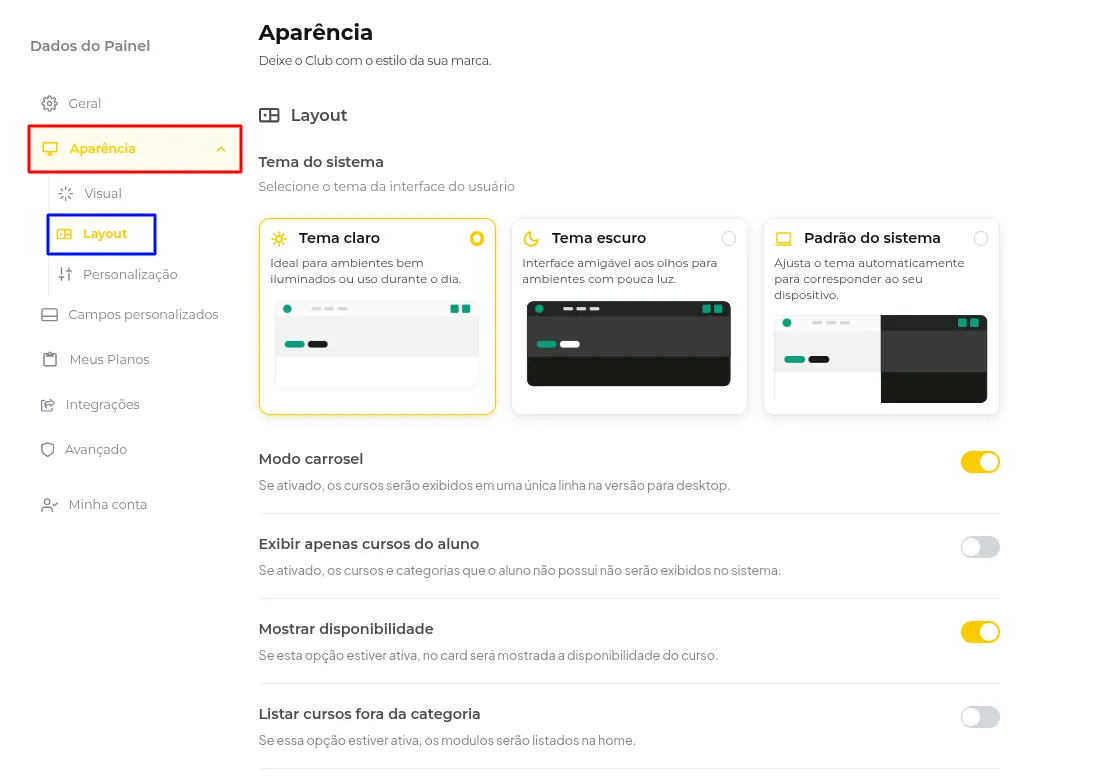 Aba Aparência com a opção Layout