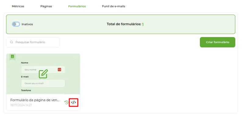 Ícone </> do formulário