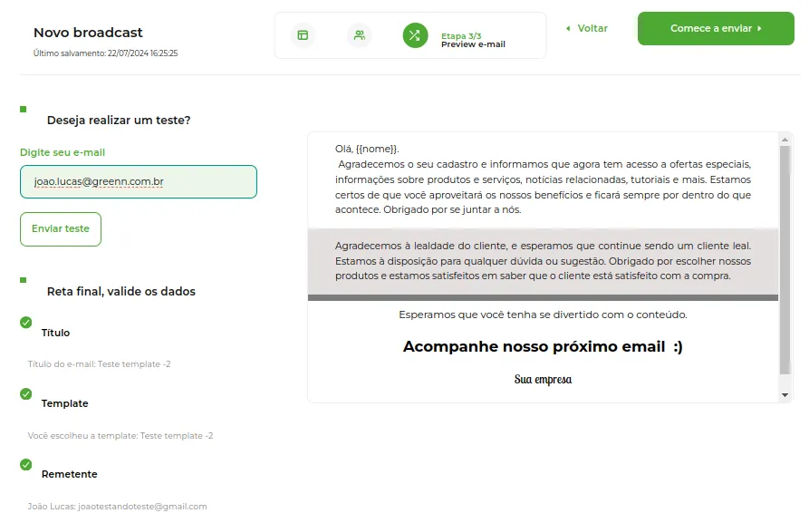 Última etapa com a conferência e o teste do e-mail