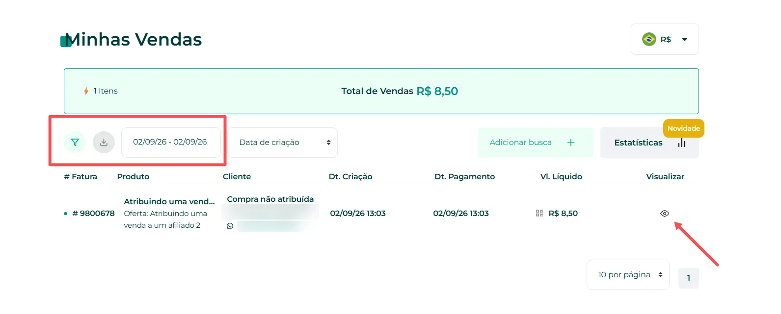 Lista de vendas com o ícone do olho