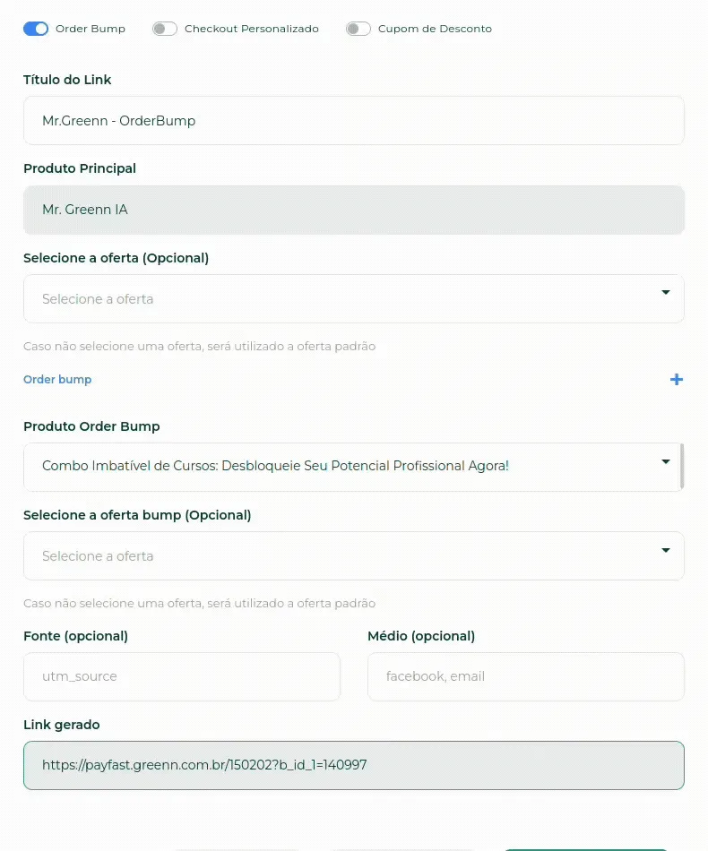 Clicando no símbolo + para adicionar outro order bump