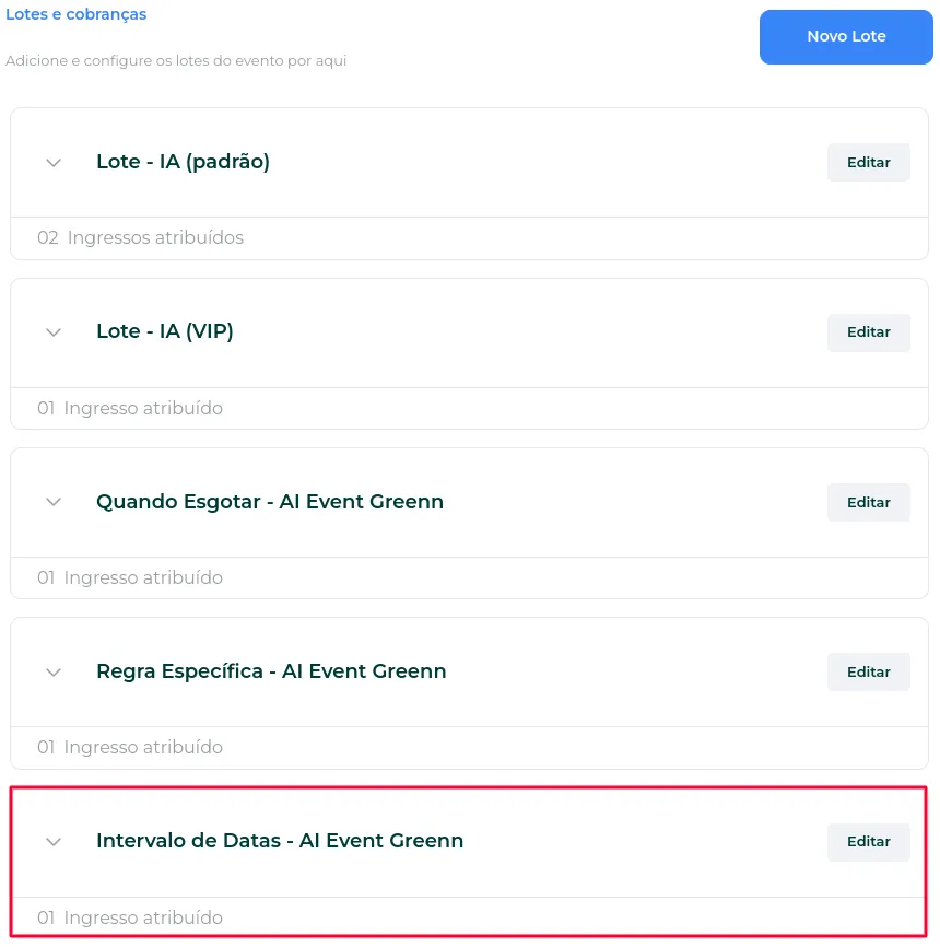 Lote criado na lista