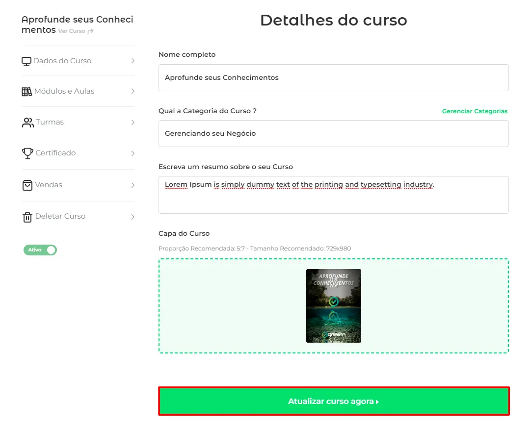 Botão Atualizar o Curso