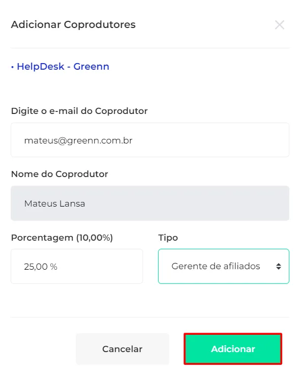 Janela com os dados do gerente e o botão Adicionar