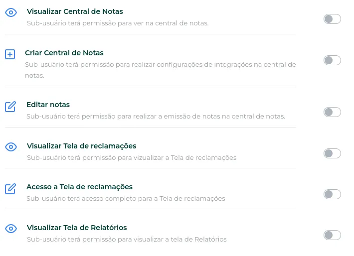 Lista de permissões disponíveis para sub-usuários, parte 7