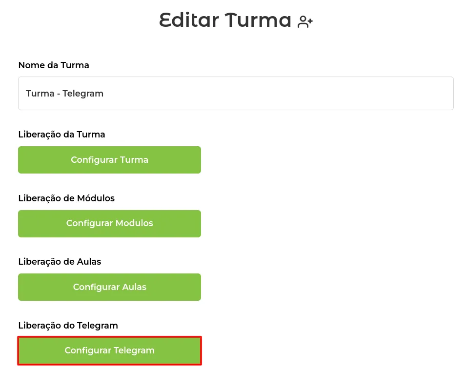 Opção Liberação do Telegram na turma