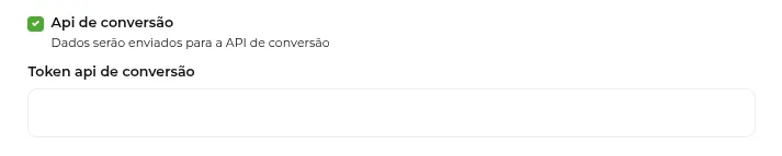 Tela da Greenn Sales: Caso deseje adicionar API de conversão, selecione a opção e em seguida adicione em "Token