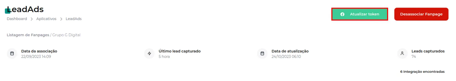 Tela da Greenn Sales: Agora basta clicar em Atualizar Token