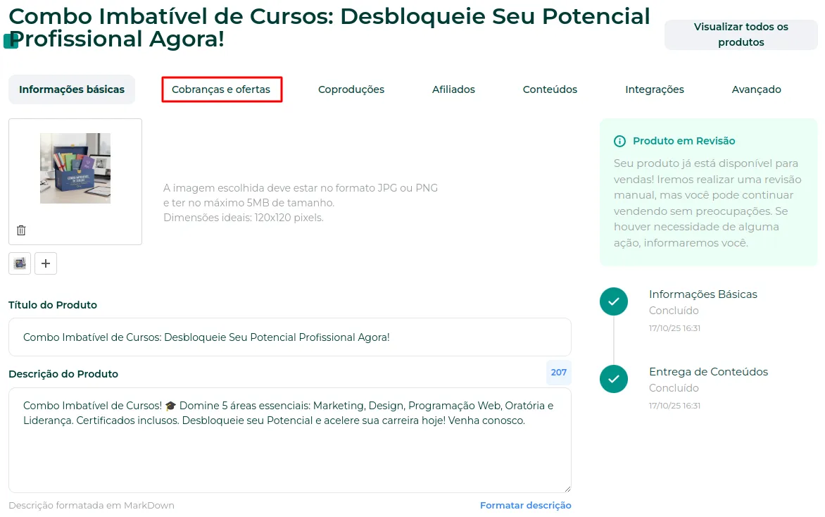 Aba Cobranças e Ofertas na edição do produto