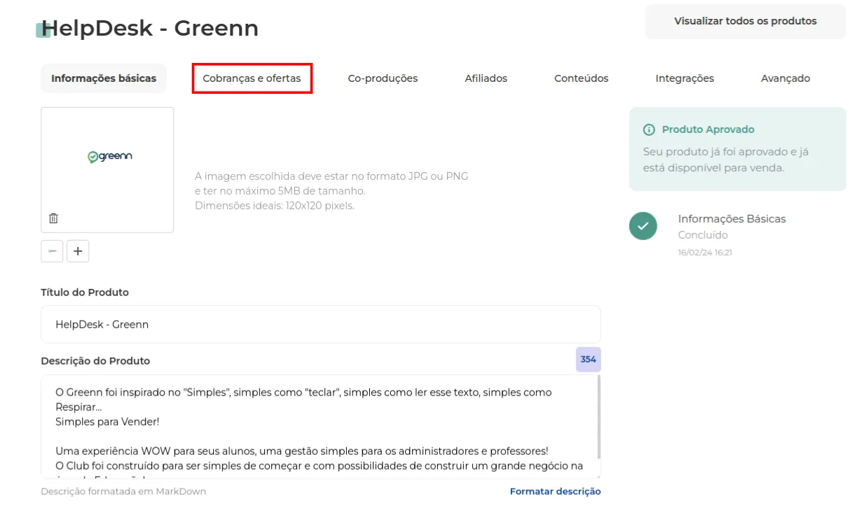 Aba Cobranças e Ofertas na edição do produto