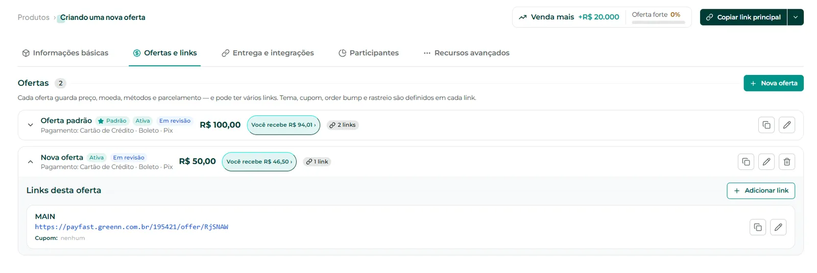 Oferta criada na lista de ofertas e links