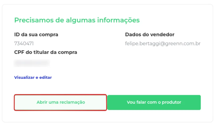Botão Abrir uma reclamação