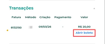 Opção Abrir boleto na lista de transações