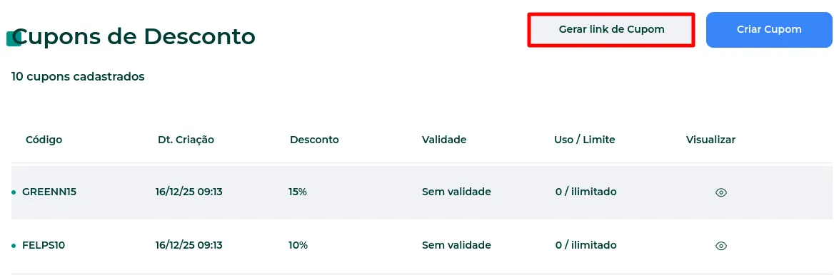Botão Gerar Link de Cupom