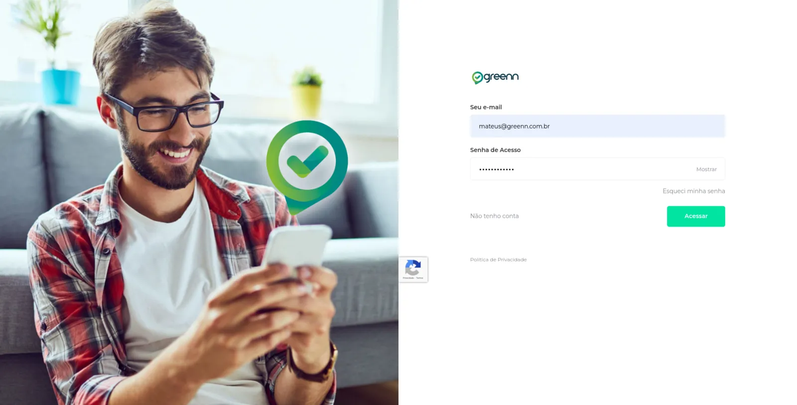 Tela de login da conta Greenn