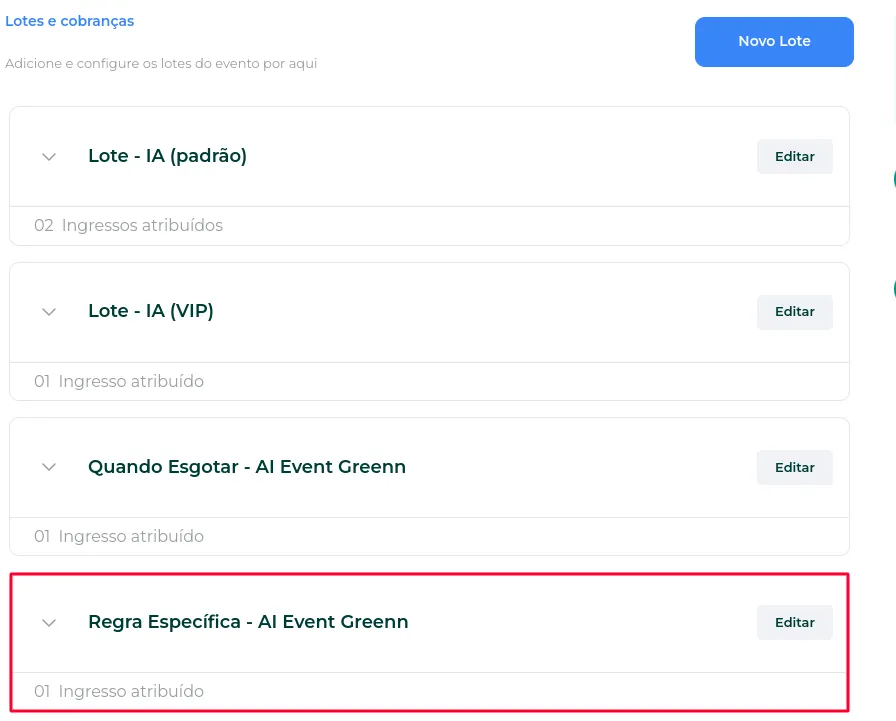Lote criado na lista