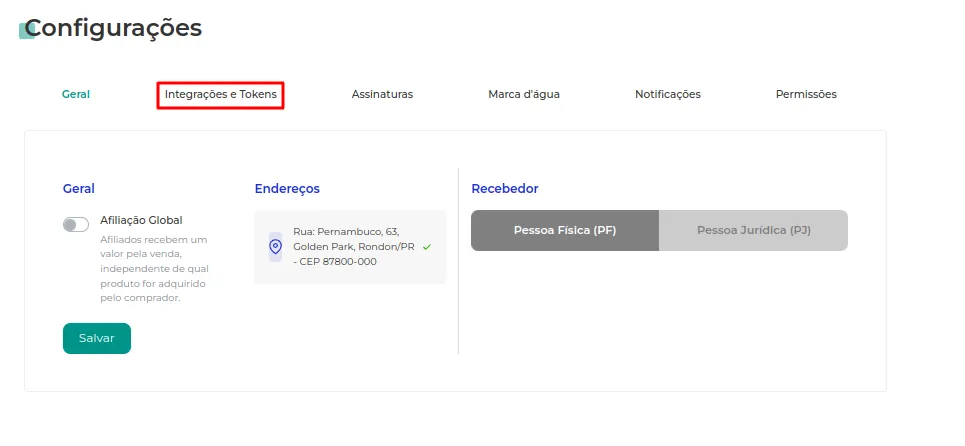 Aba Integração e Tokens no Controle de Acesso