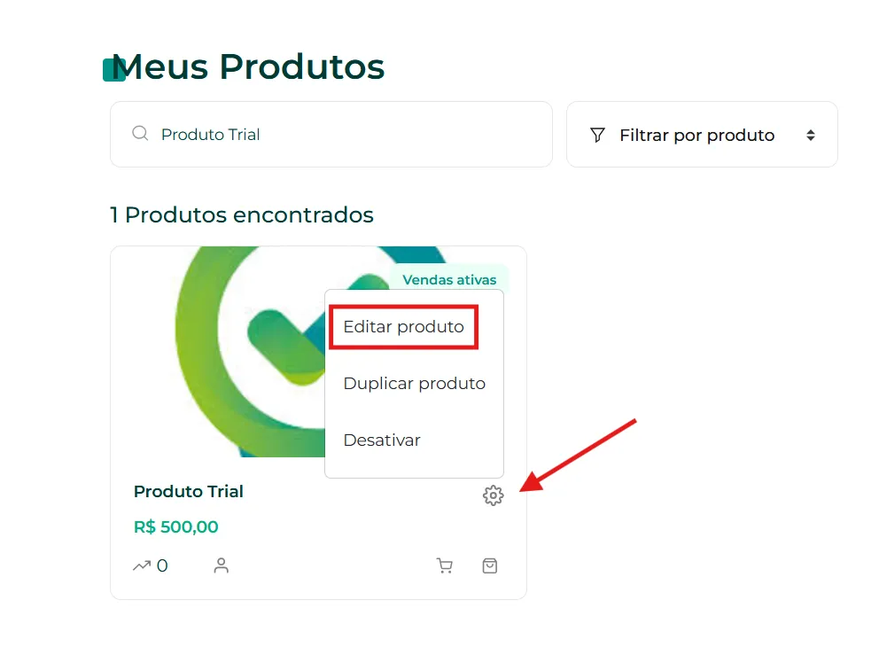 Engrenagem de edição ao lado do produto