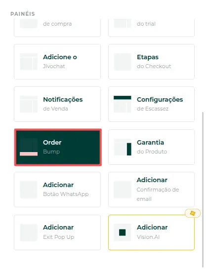 Opções do order bump no tema