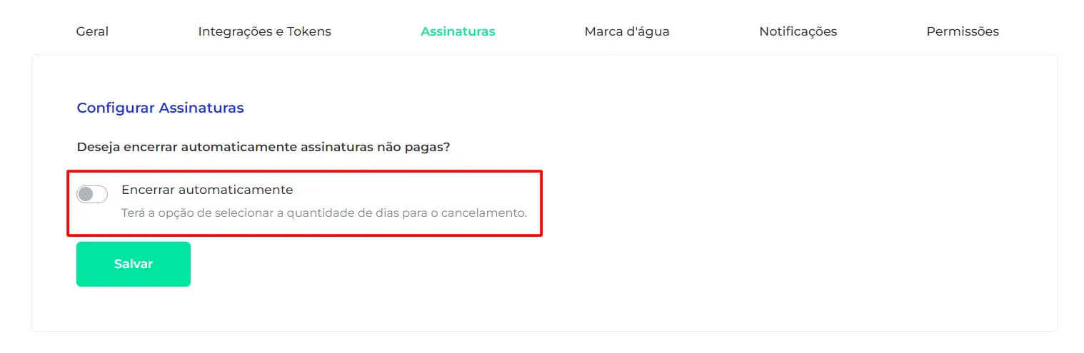 Opção Quantidade de dias para o cancelamento ativada