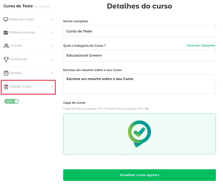 Opção Deletar Curso