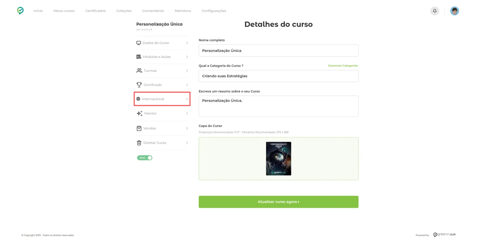Menu lateral do editor com a opção Internacional