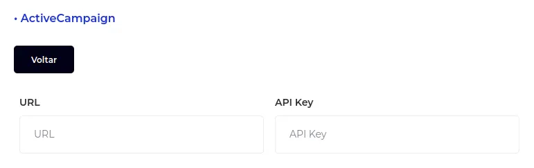 Campos URL e API Key da conexão com a ActiveCampaign