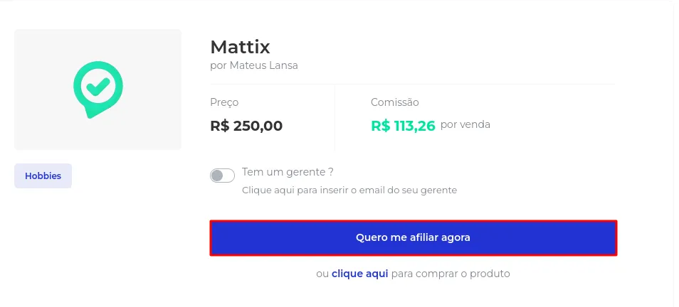 Página de recrutamento com o botão Quero me Afiliar