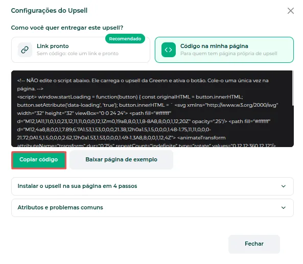 Código do upsell para copiar