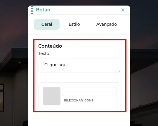 Tela da Greenn Sales: Você pode estar definindo o CTA do seu Botão e também um ícone