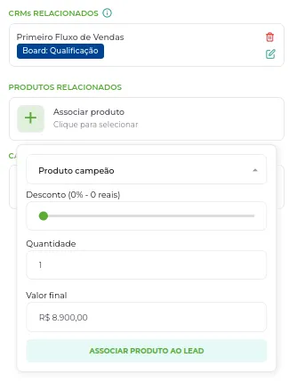 Tela da Greenn Sales: Agora adicione o Produto e a Quantidade de vezes que você vendeu esse produto ao cliente