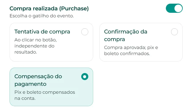 Opções de envio do evento Purchase