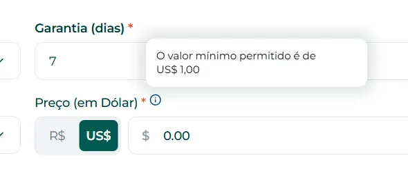 Campo de tipo de cobrança e valor