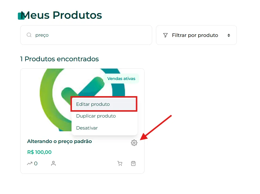 Engrenagem de edição ao lado do produto