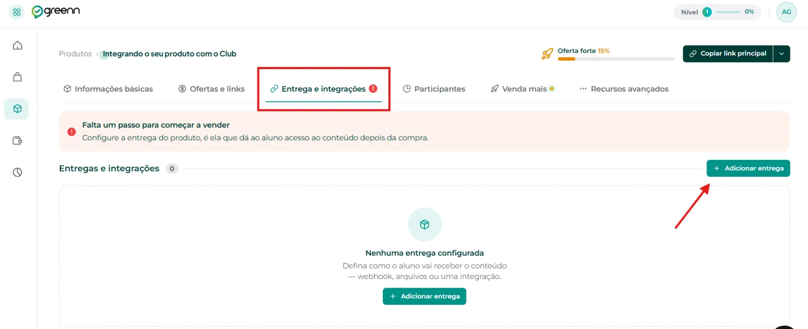 Aba Entrega e Integrações com o botão Adicionar entrega